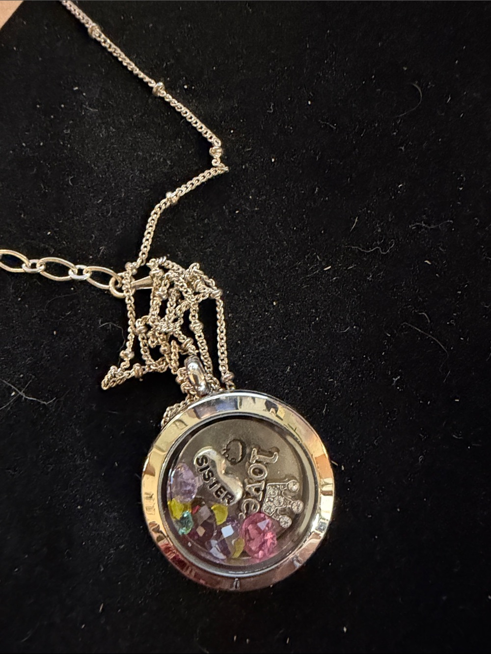 Origami Owl Silver Floating Charm Necklace with Pink and Purple Accents